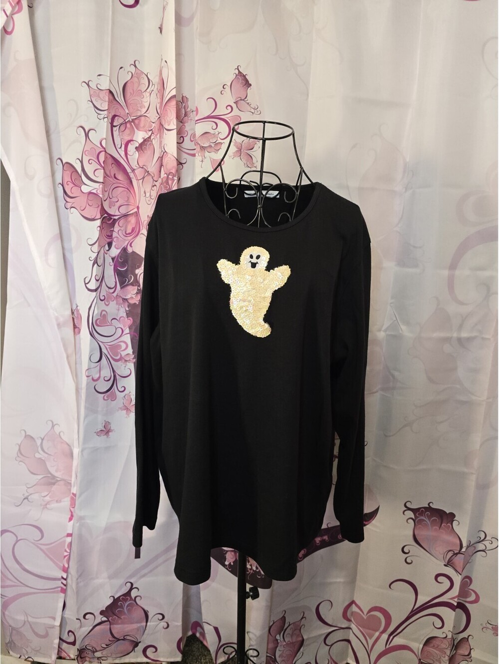 Vintage Mercer Street Studio 1X Black Long Sleeve Shirt White Sequin Ghost